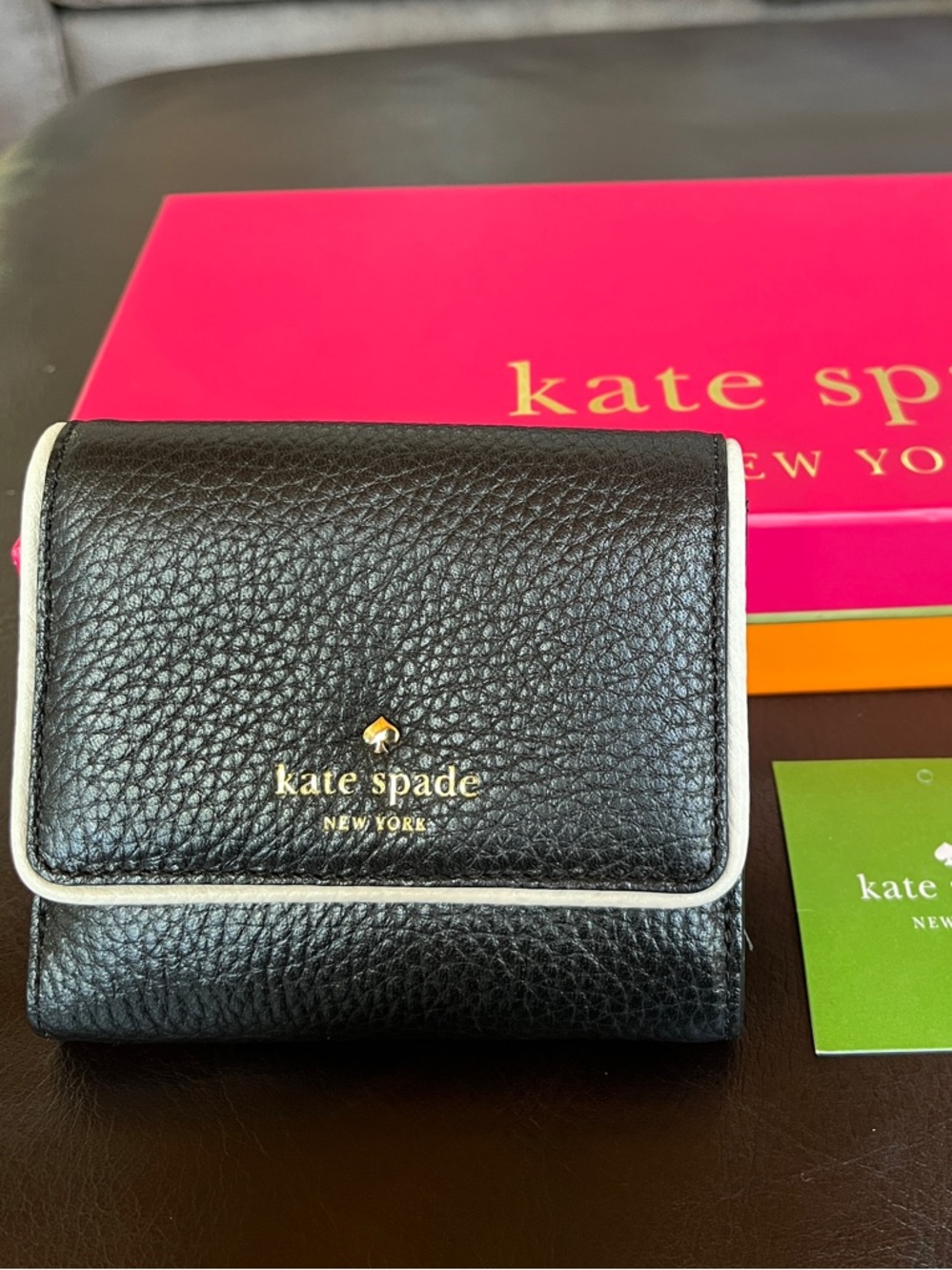 NWT kate spade Black Pebbled Leather Trifold Wallet with White Edge